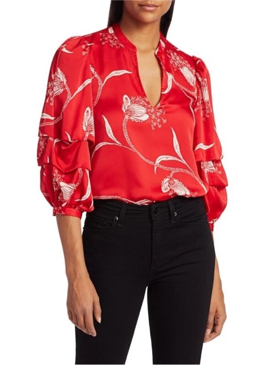 Joie Tops - Joie Samyra Floral V-Neck Puff Sleeve Satin Blouse
